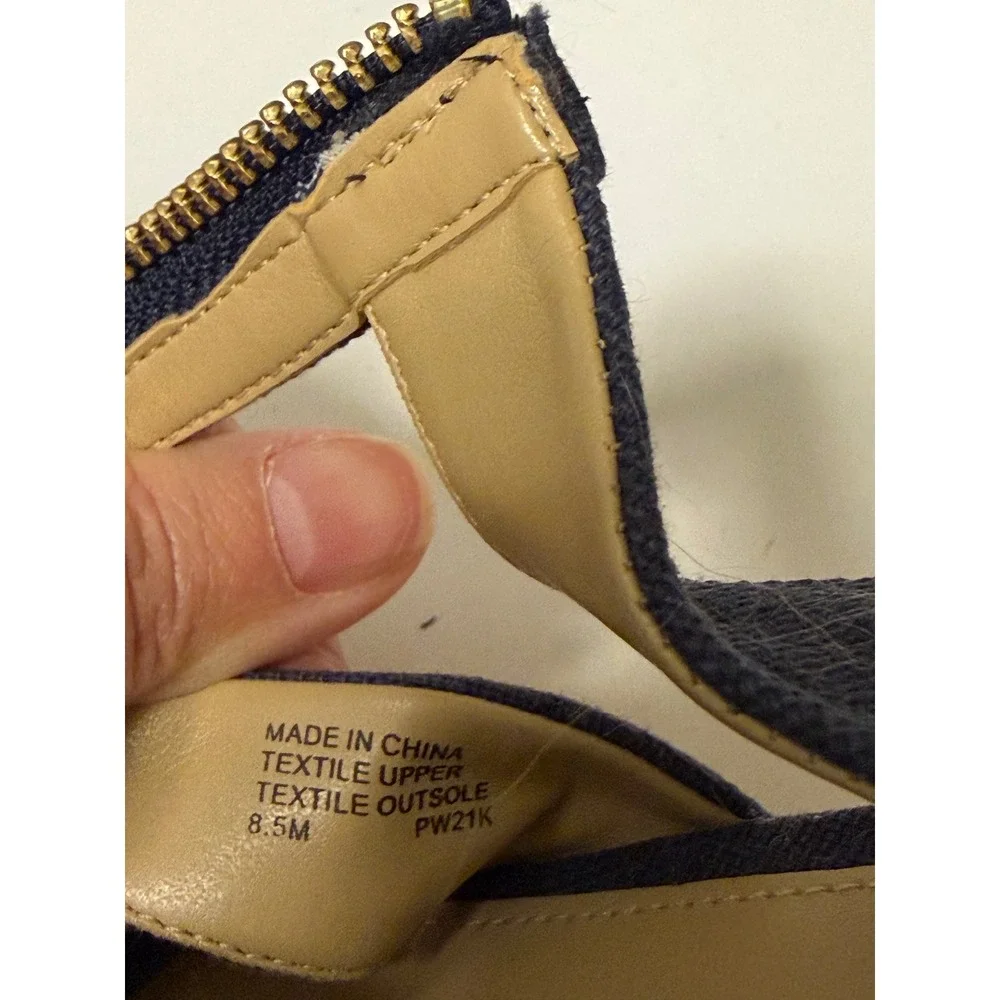 Michael Kors Navy Blue Canvas Espadrille Wedge Sandals Gold Zip Front 8.5M PW21K